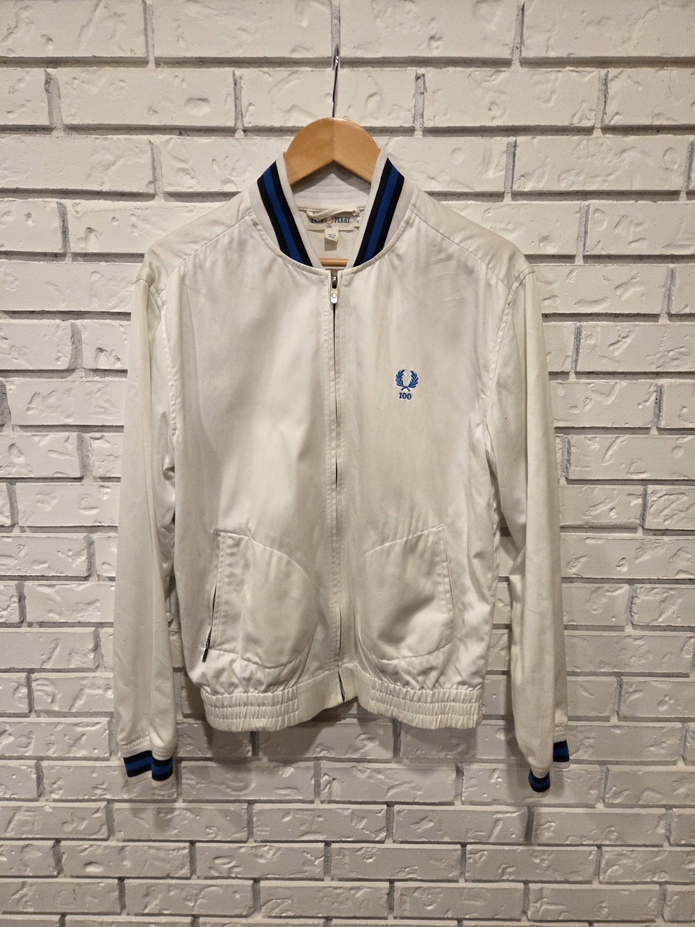 Fred Perry 100 Year White Bomber Jacket with Blue Trim